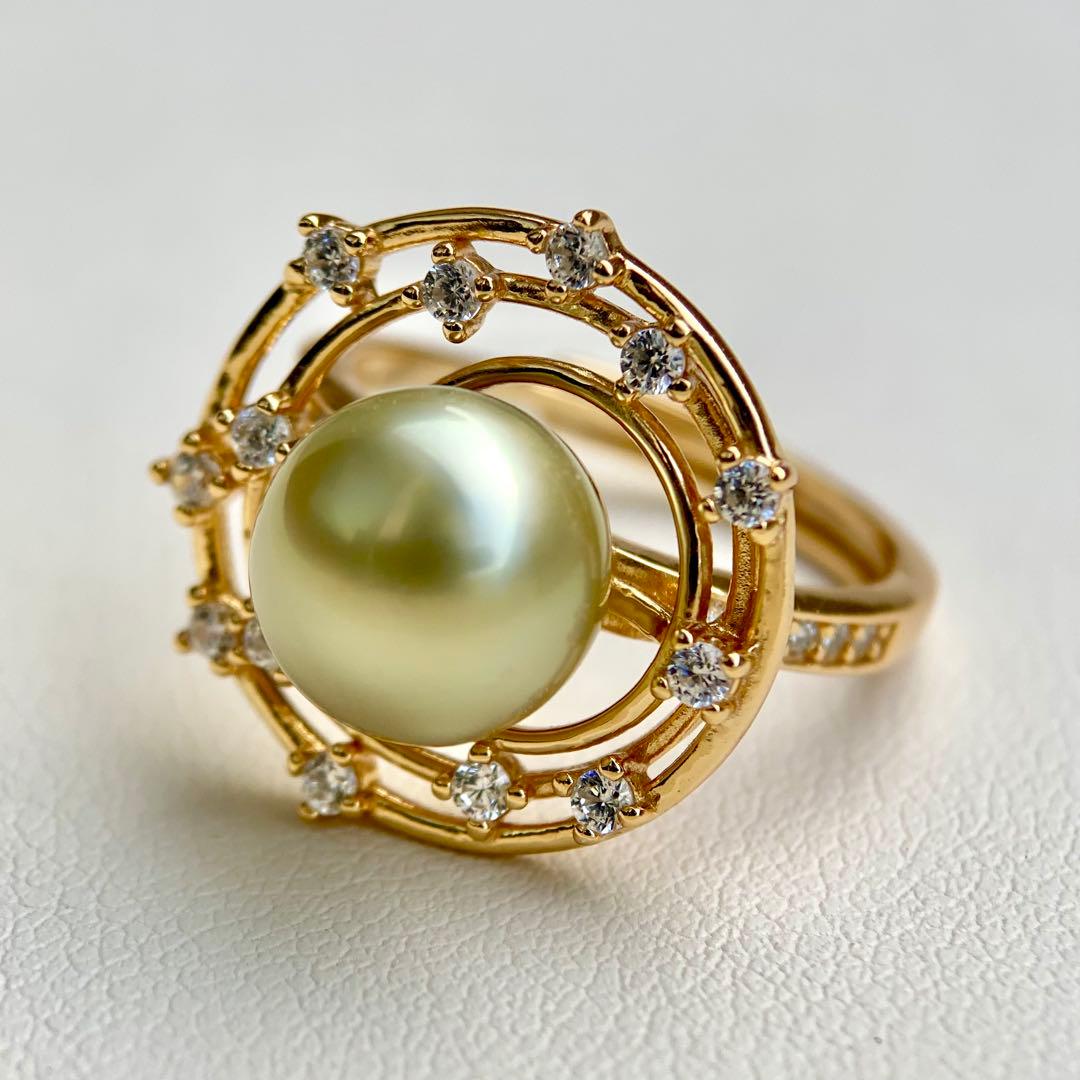 本真珠南洋白蝶真珠　茶金(緑)9.6㍉s925リングY1023