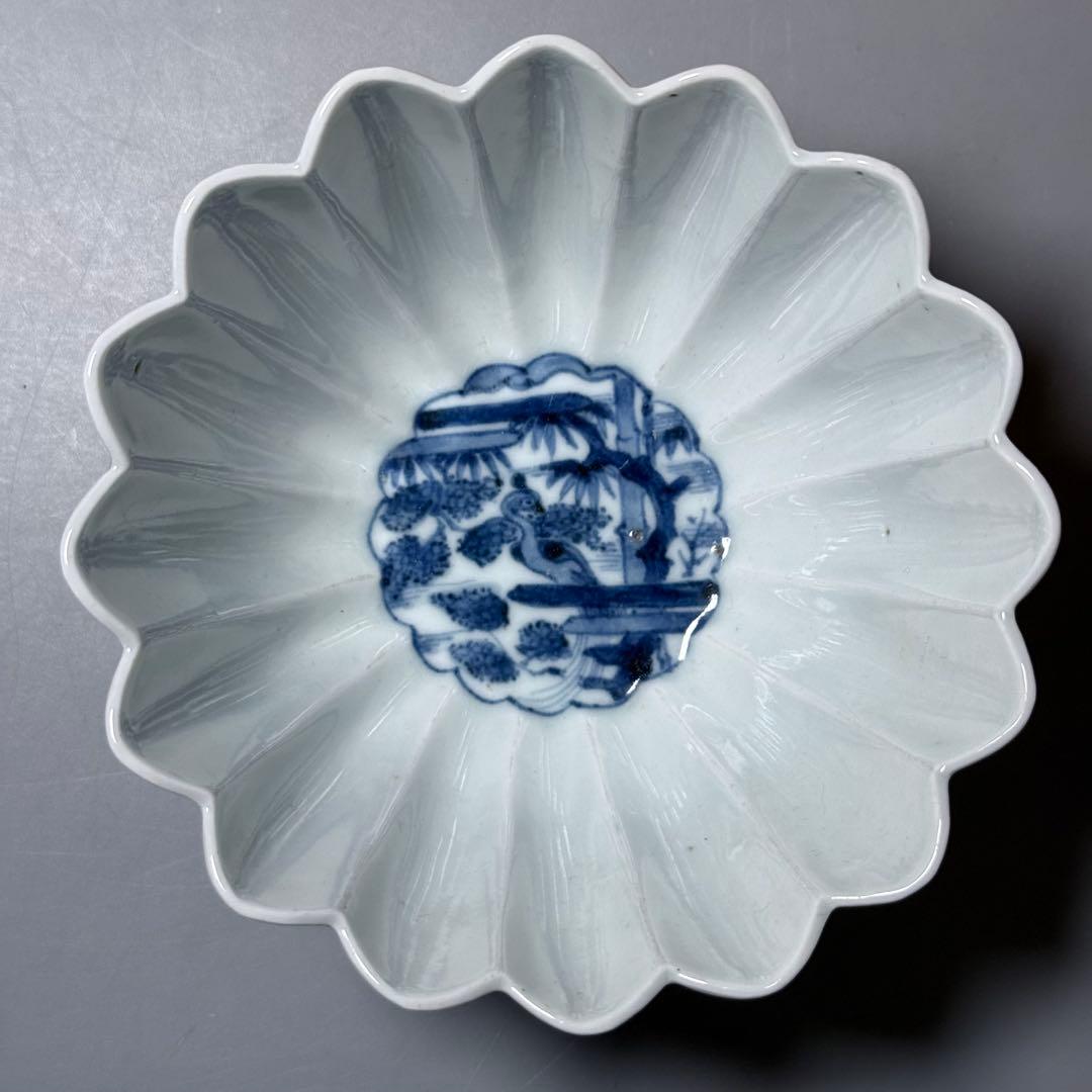 江戸中期〜後期　古伊万里　藍九谷花鳥図菊花形向付　五点　最上手　特注桐箱　共布