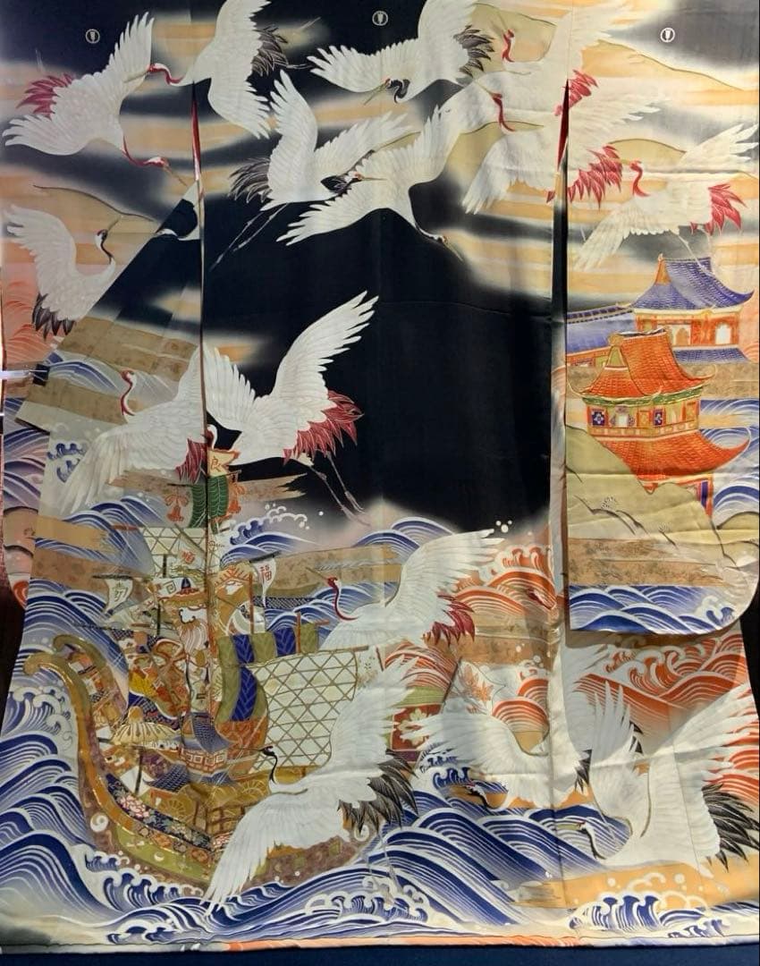 アンティーク振袖 鶴と宝船豪華高級リメイク材料