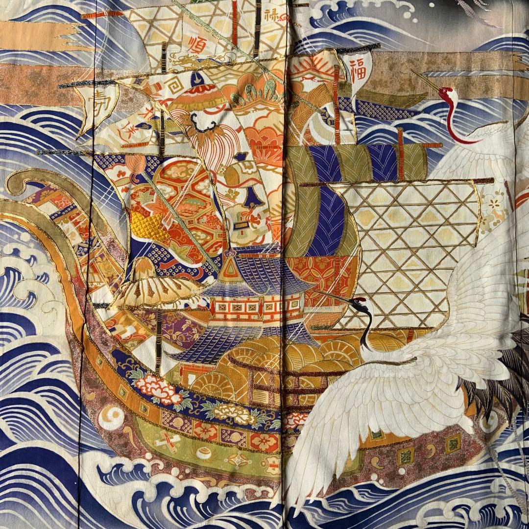 アンティーク振袖 鶴と宝船豪華高級リメイク材料
