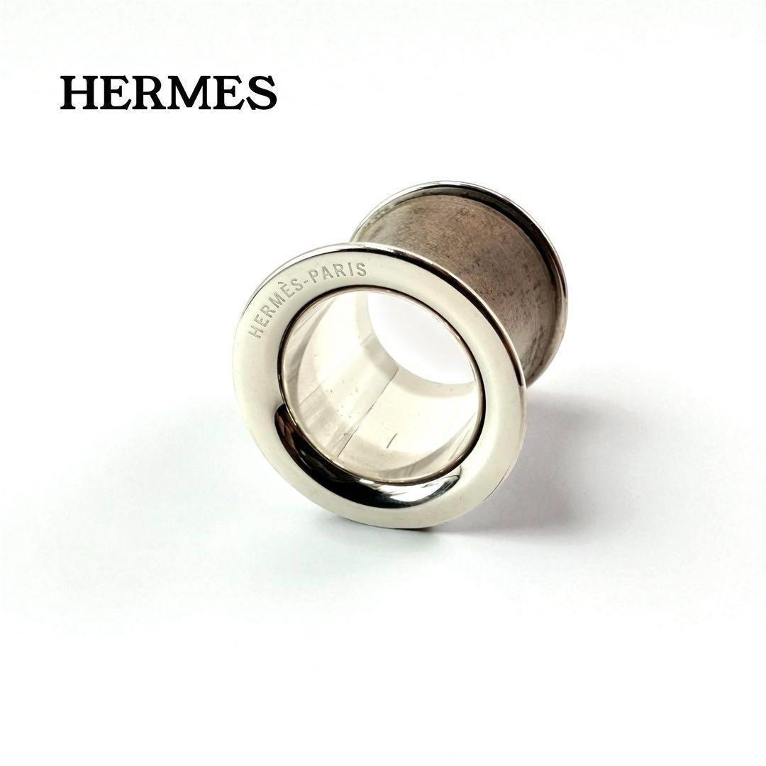 【美品】HERMES エルメス　スカーフリング　筒型シリンダー　シルバー　レザー