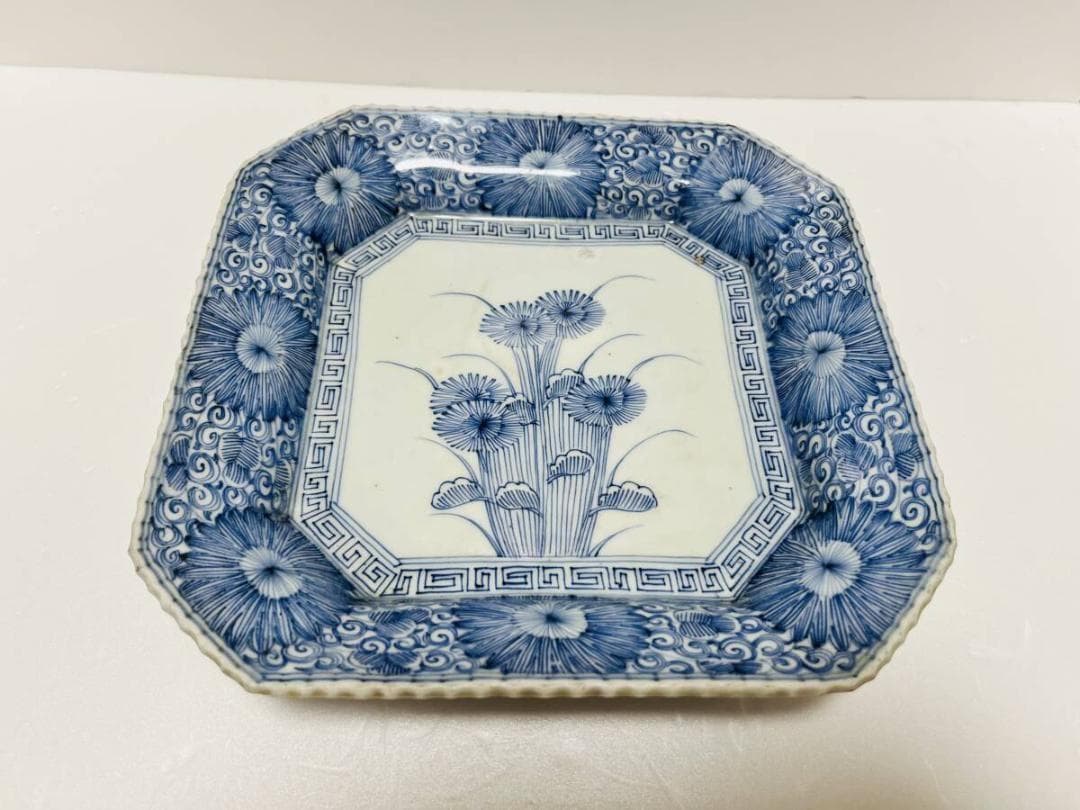 古伊万里　図四方皿　菊皿　江戸-明治期　染付