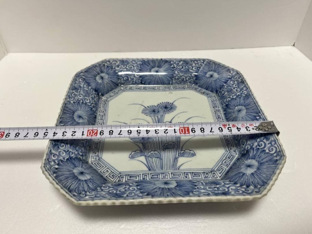 古伊万里　図四方皿　菊皿　江戸-明治期　染付