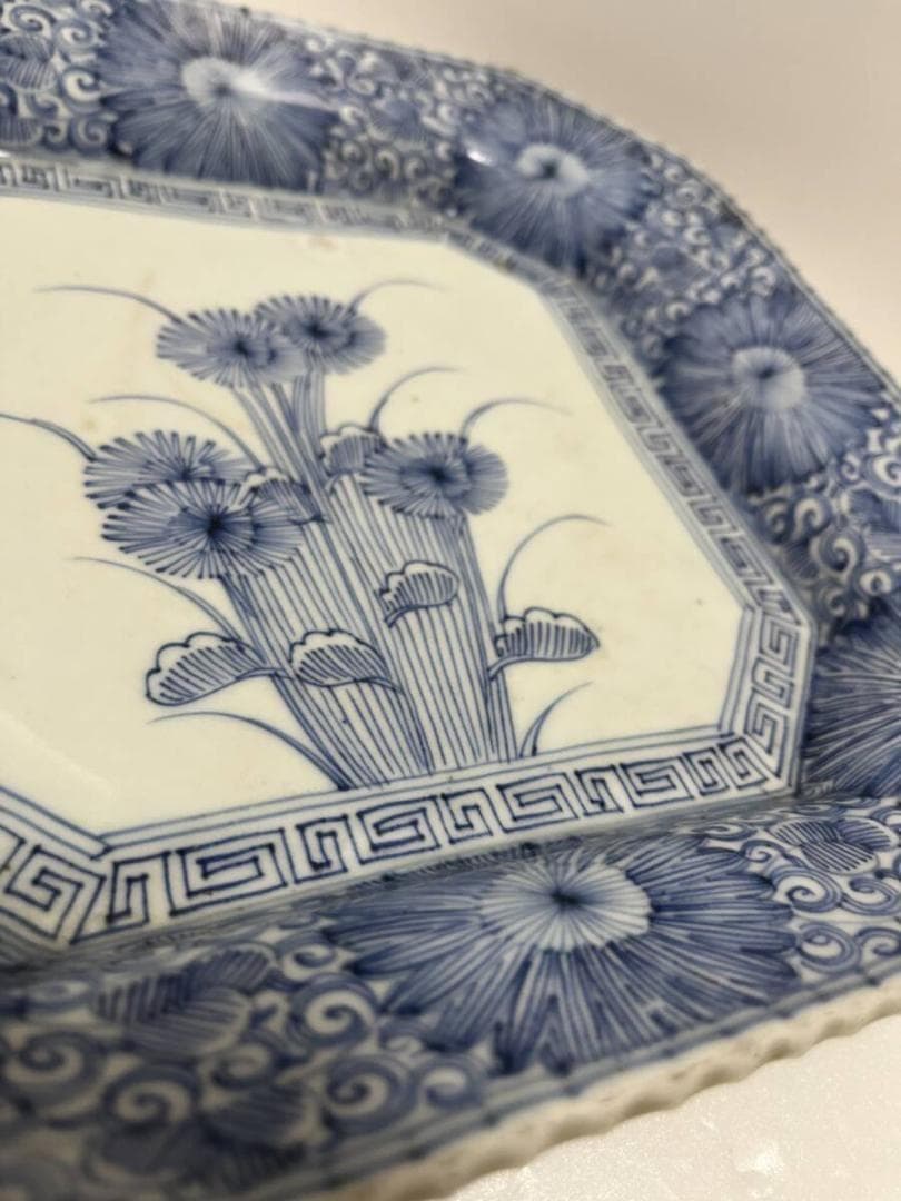 古伊万里　図四方皿　菊皿　江戸-明治期　染付