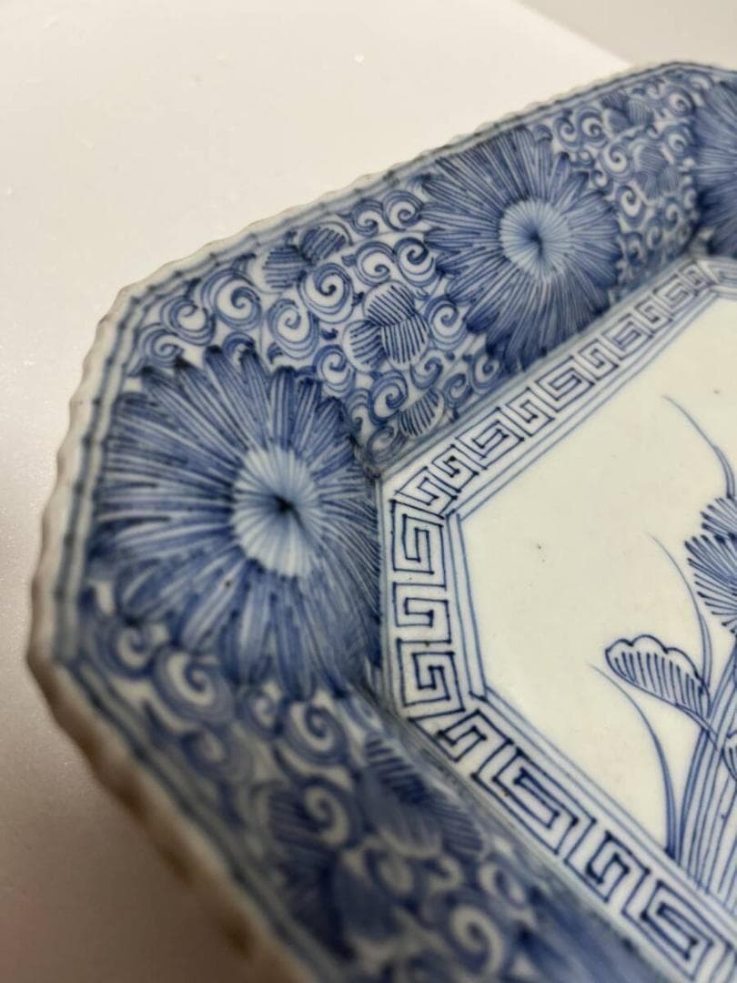 古伊万里　図四方皿　菊皿　江戸-明治期　染付