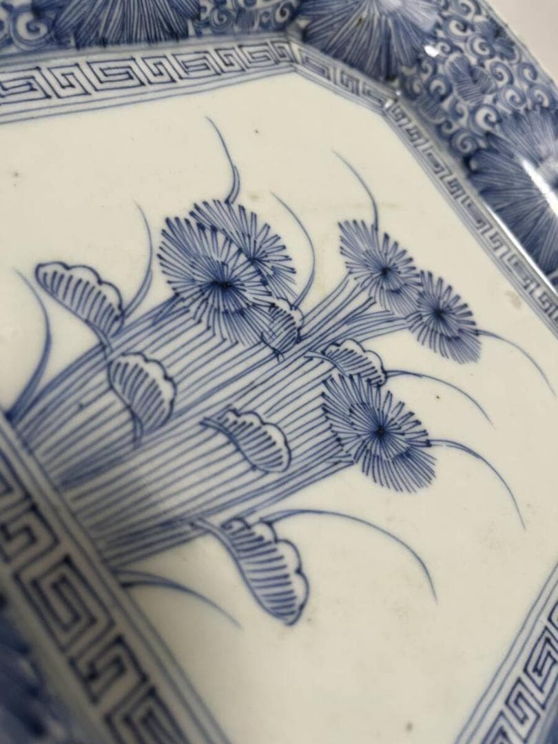 古伊万里　図四方皿　菊皿　江戸-明治期　染付