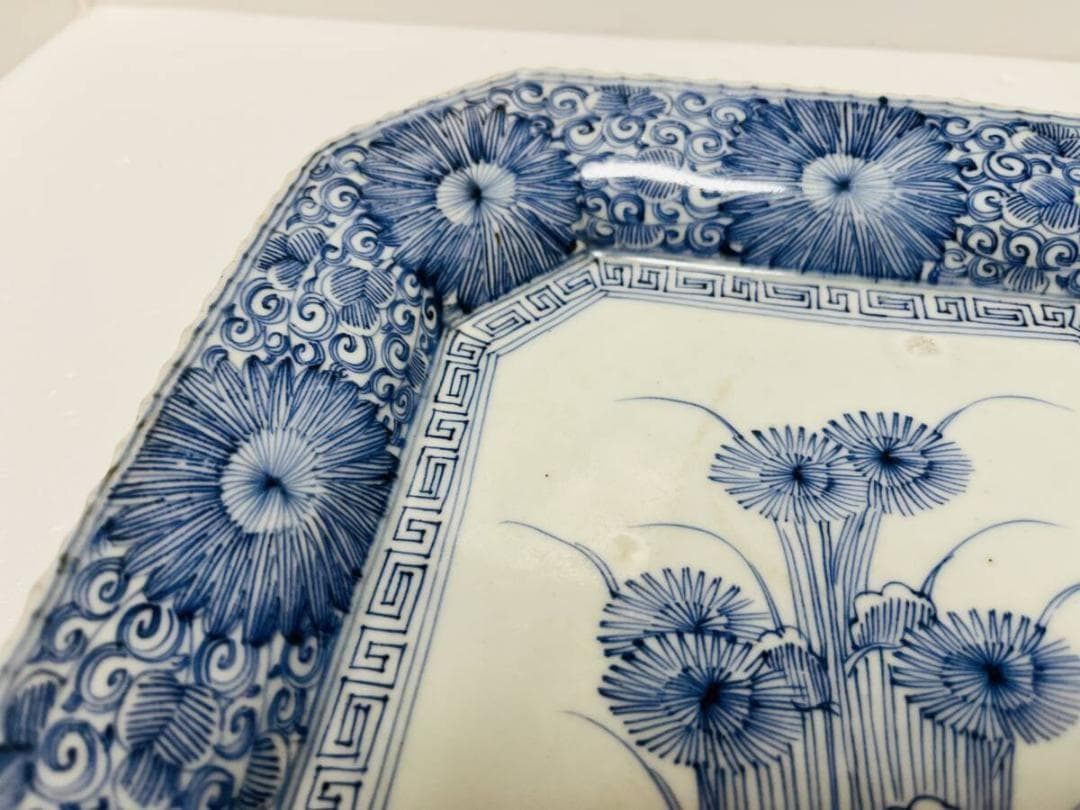 古伊万里　図四方皿　菊皿　江戸-明治期　染付