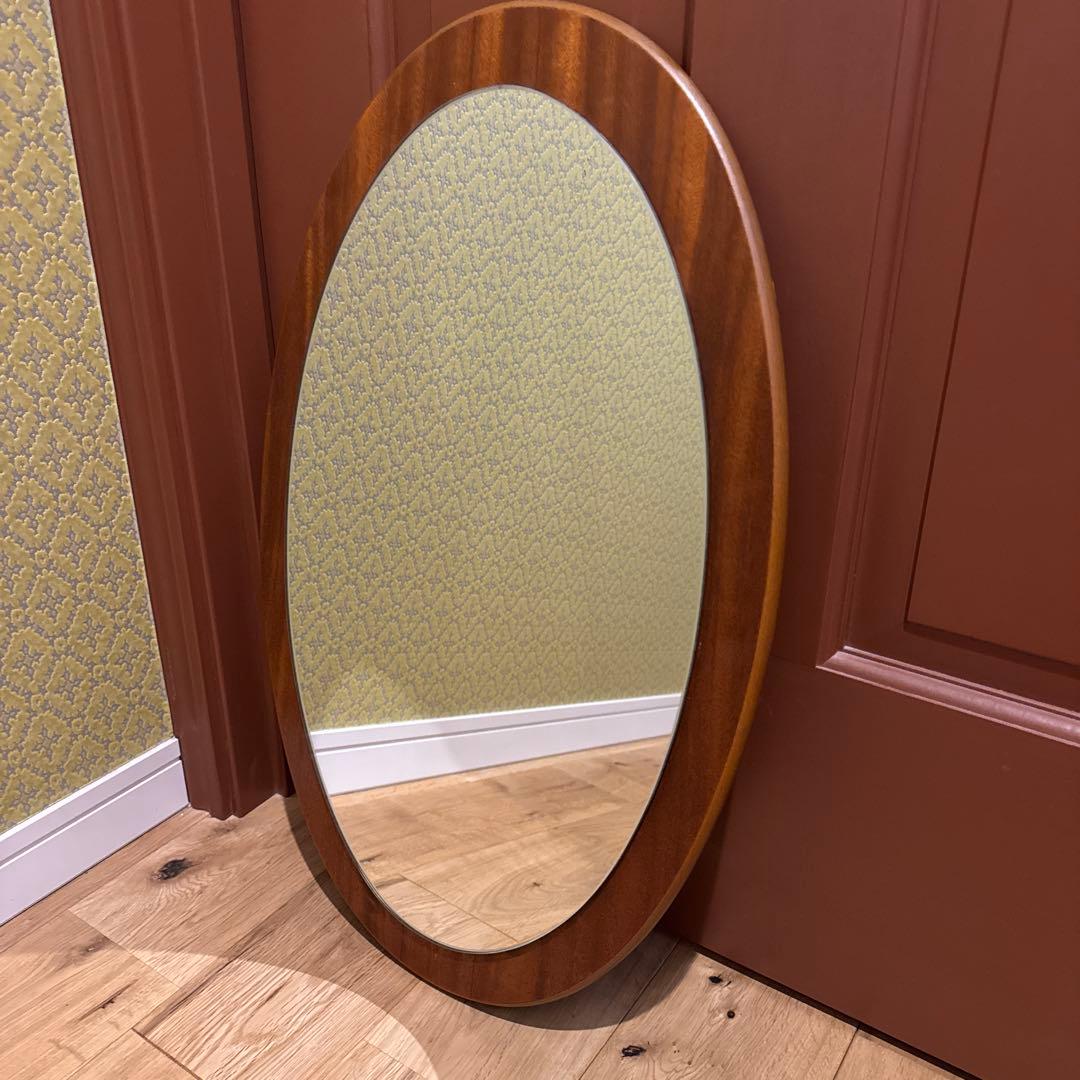 イギリスアンティーク チーク材 オーバル ウォールミラー　ミッドセンチュリー