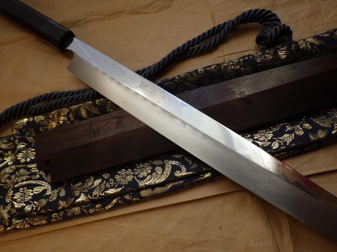 本焼/伯鳳宗良作★柳刃刺身包丁刃渡り尺1寸★水牛八角柄★