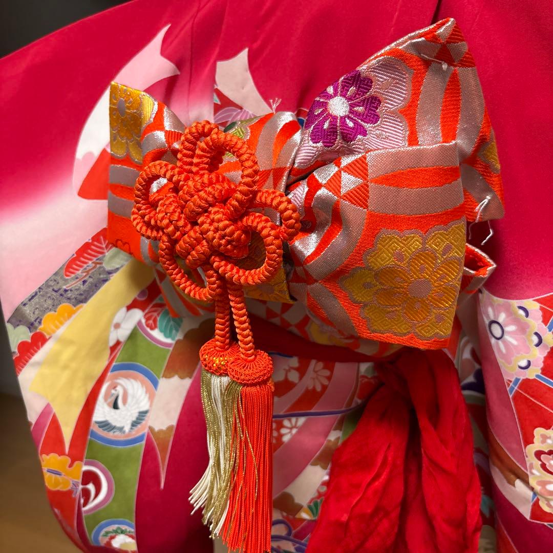 七五三 女の子 三歳 祝着 赤系 豪華友禅柄　正絹着物