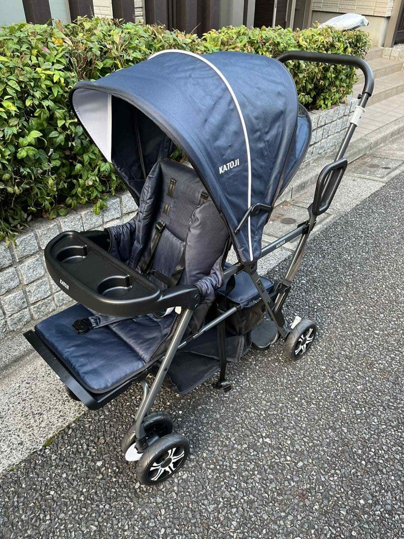 KATOJIベビーカーネイビー折りたたみ式（雨カバー&リアシート付き）値段交渉可