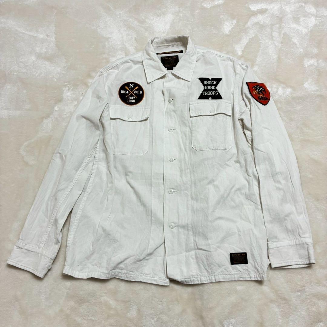 ネイバーフッド　シャンブレーシャツ　ワッペン　アップリケ　両面ロゴ　白　L