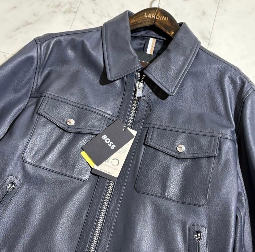 新品未使用タグ付き✨ HUGO BOSS レザージャケット 48 ネイビー L