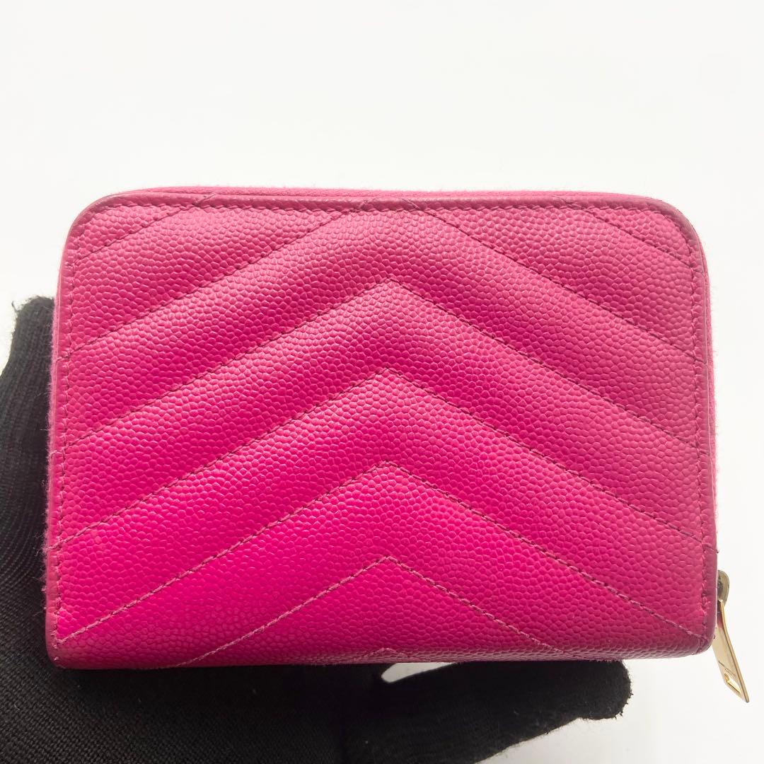 サンローラン　折り財布　カサンドラ　YSL キャビアスキン　レザー　ピンク