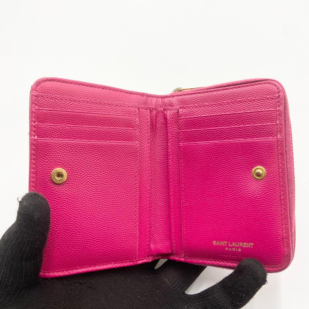 サンローラン　折り財布　カサンドラ　YSL キャビアスキン　レザー　ピンク