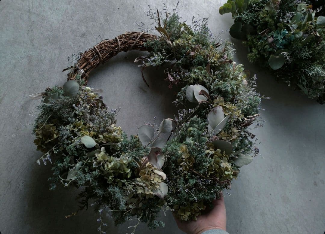 特大ブルーバードと紫陽花のハーフリース/ドライフラワー/Christmas/