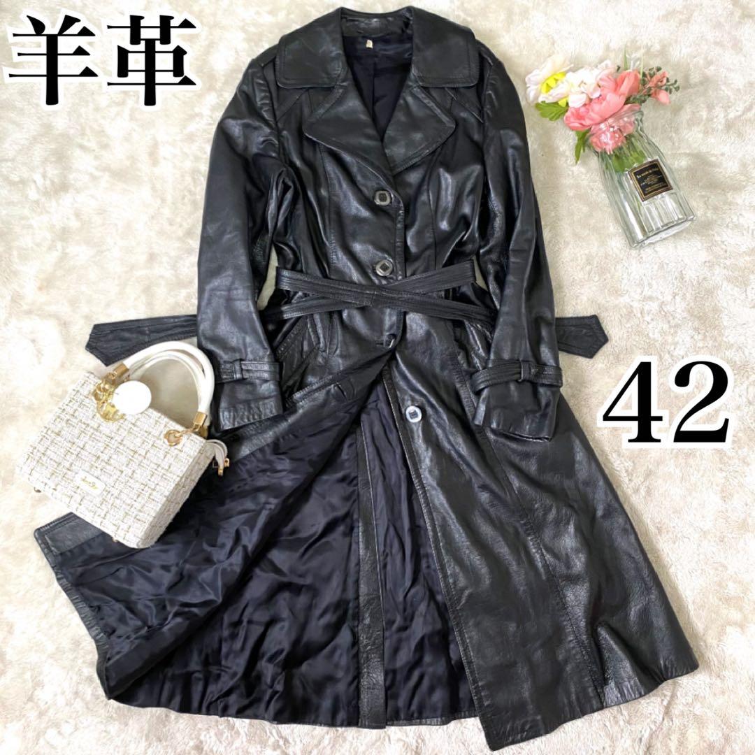 レザートレンチコート ✨漆黒の戦闘服✨ 羊革 ラムレザー オールレザー 42