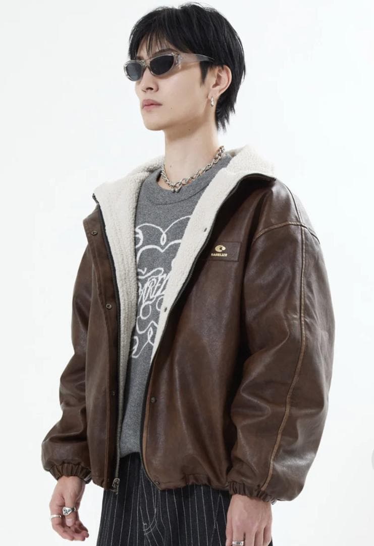 【SALE】L2084リバーシブルPUレザージャケットM（brown）地底人