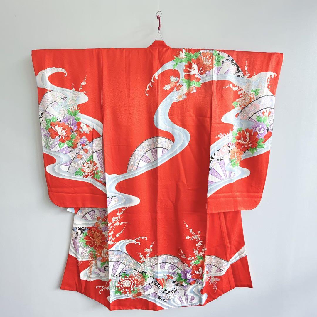 フルセット　七五三７歳女の子　着物　朱地　薄手　緑袋帯　小物セット　51919