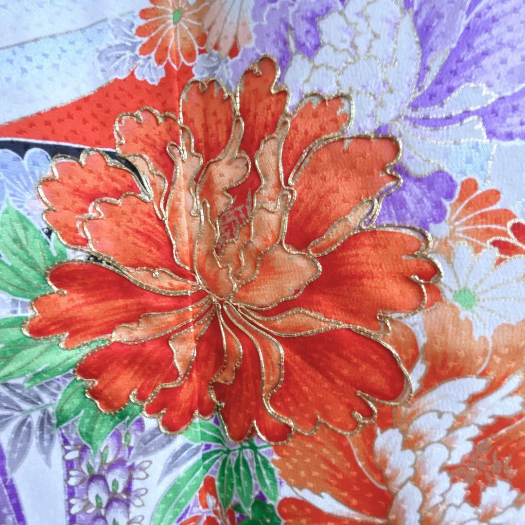 フルセット　七五三７歳女の子　着物　朱地　薄手　緑袋帯　小物セット　51919