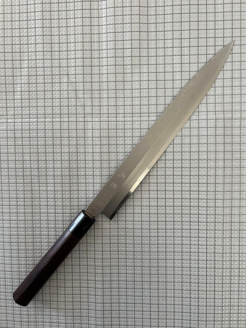 仙助 包丁 柳刃包丁 ダマスカス 安来鋼白紙２号 270mm 紫檀シノギ柄③