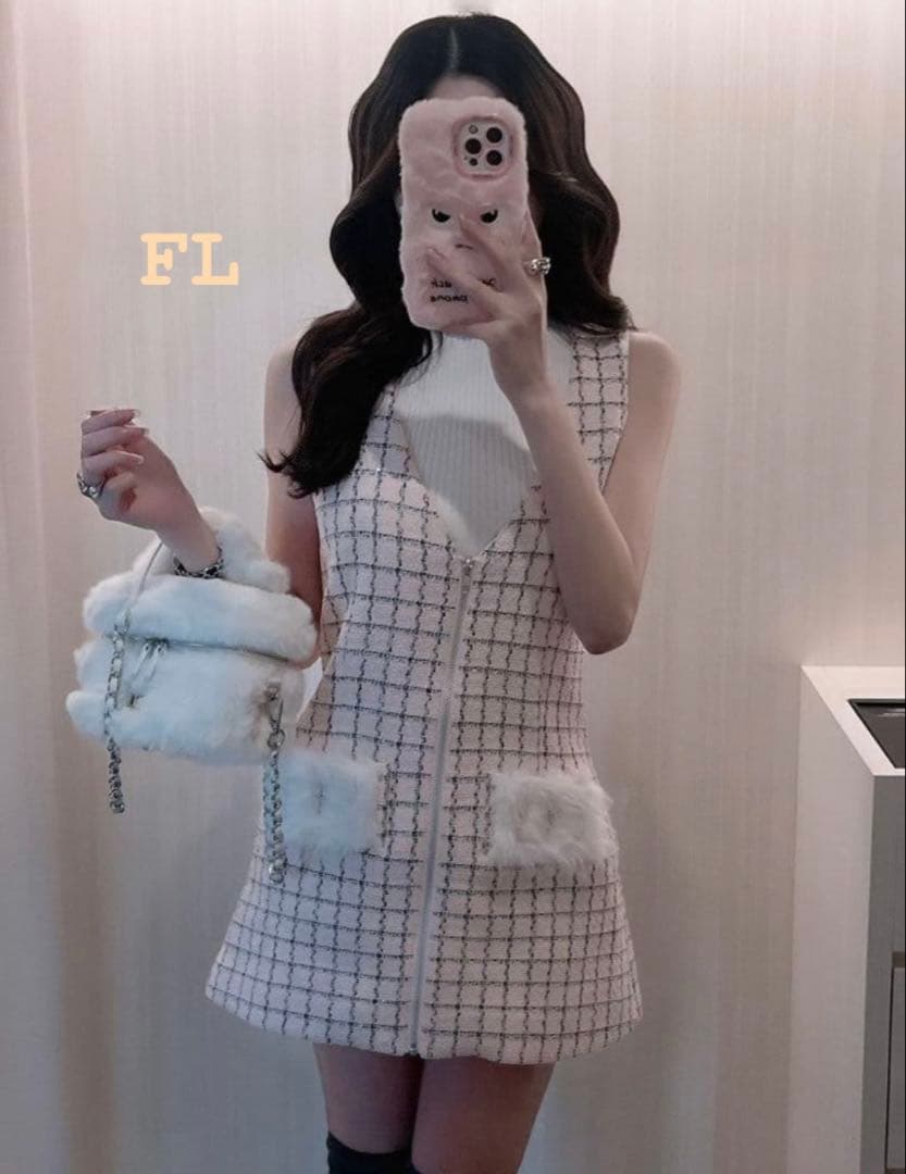 darich フロントファスナーツイードミニワンピースFL