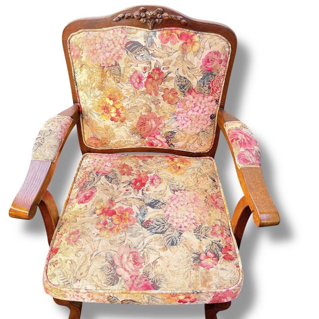 アンティーク 猫脚風 木製 肘掛チェア 2脚セット 花柄 店舗什器