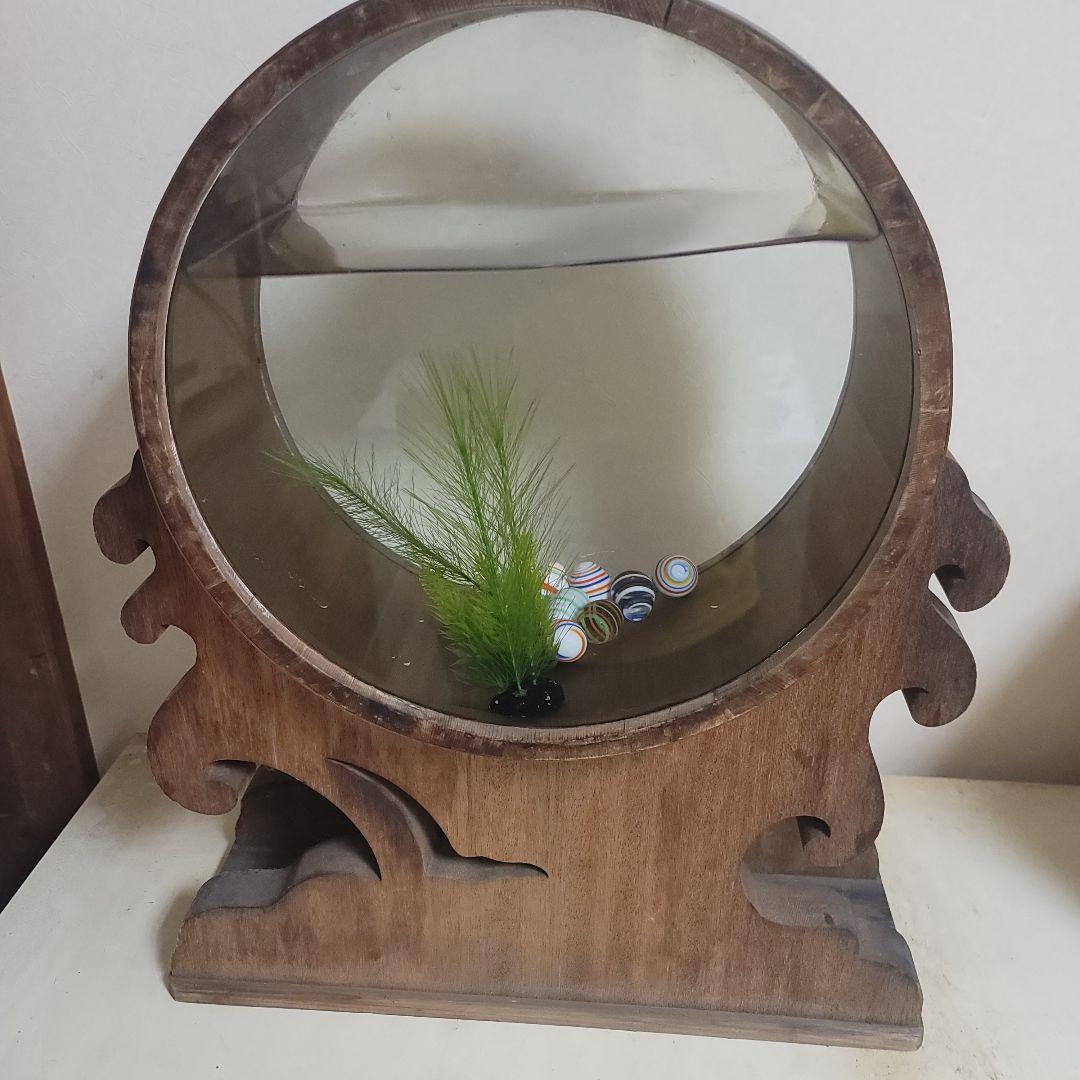 @*ー様 木製 円形金魚鉢 中型 人工水草付き