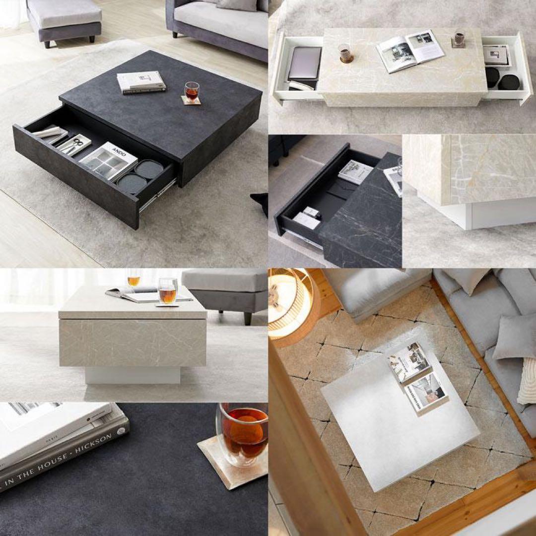 【LOWYA】大理石ローテーブル　正方形　ホワイト