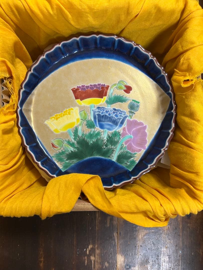 九谷焼　名工　藤村正美　扇面花鳥　金彩　手描き　銘々皿　季節の飾り皿　正月　お節