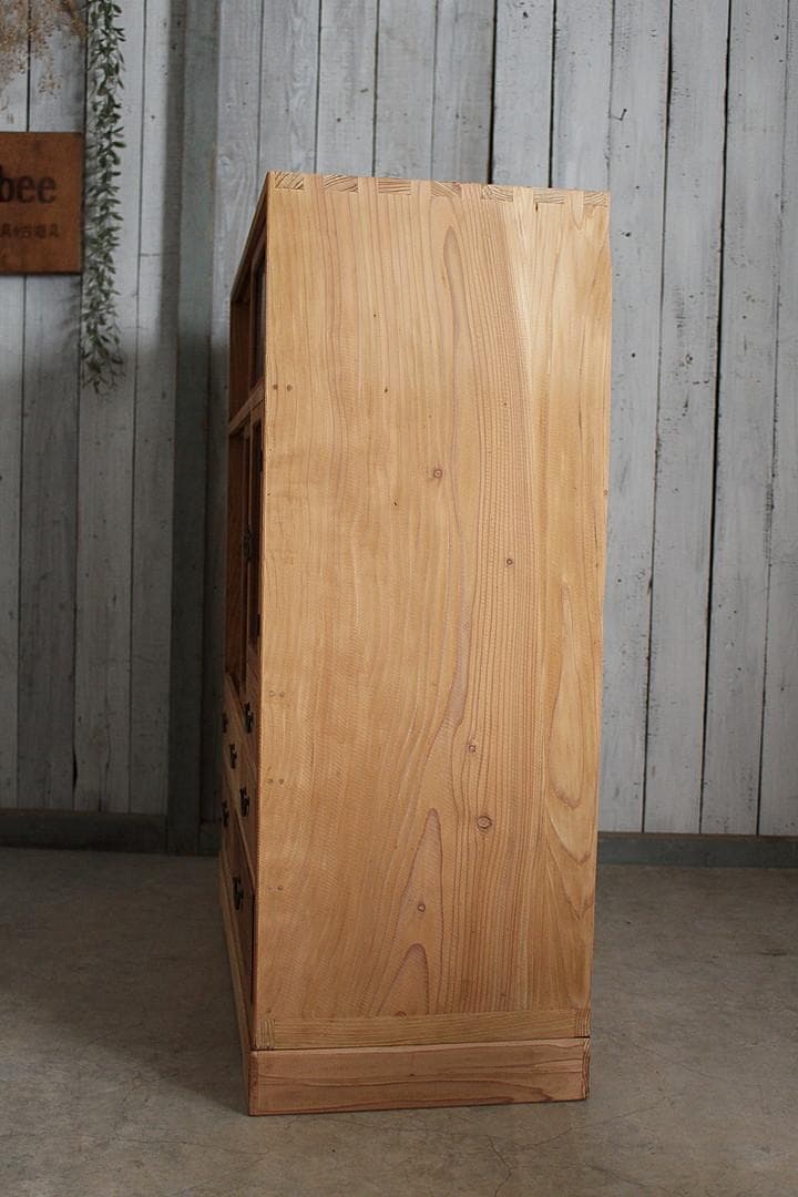 古い木枠のガラス戸棚　木製引き出し6杯　食器棚　本棚　キャビネット　古家具