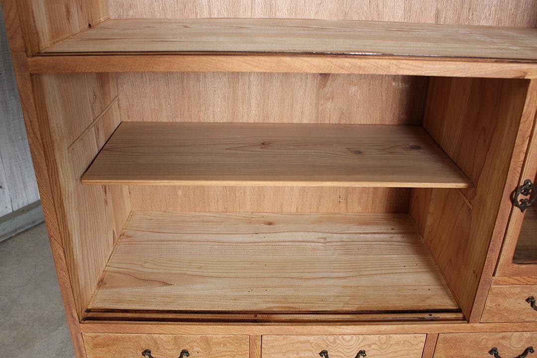 古い木枠のガラス戸棚　木製引き出し6杯　食器棚　本棚　キャビネット　古家具