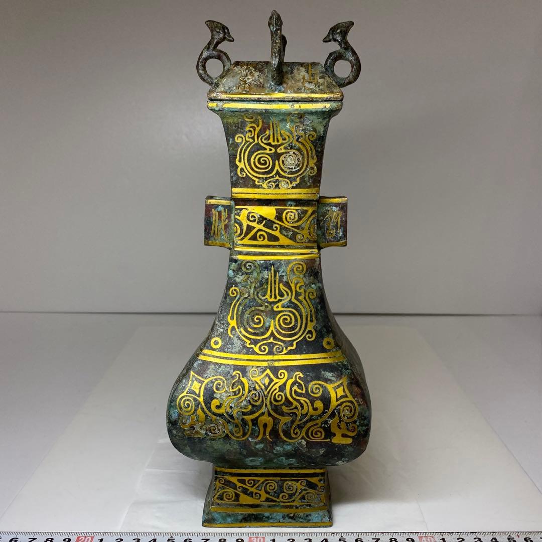 古銅 金象嵌 蓋付花入 30.5cm 東キ7-1206① タルサ