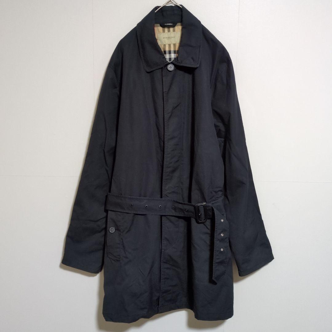 バーバリーロンドン　ステンカラーコート　黒　ノバチェック　ベルト付き　XL