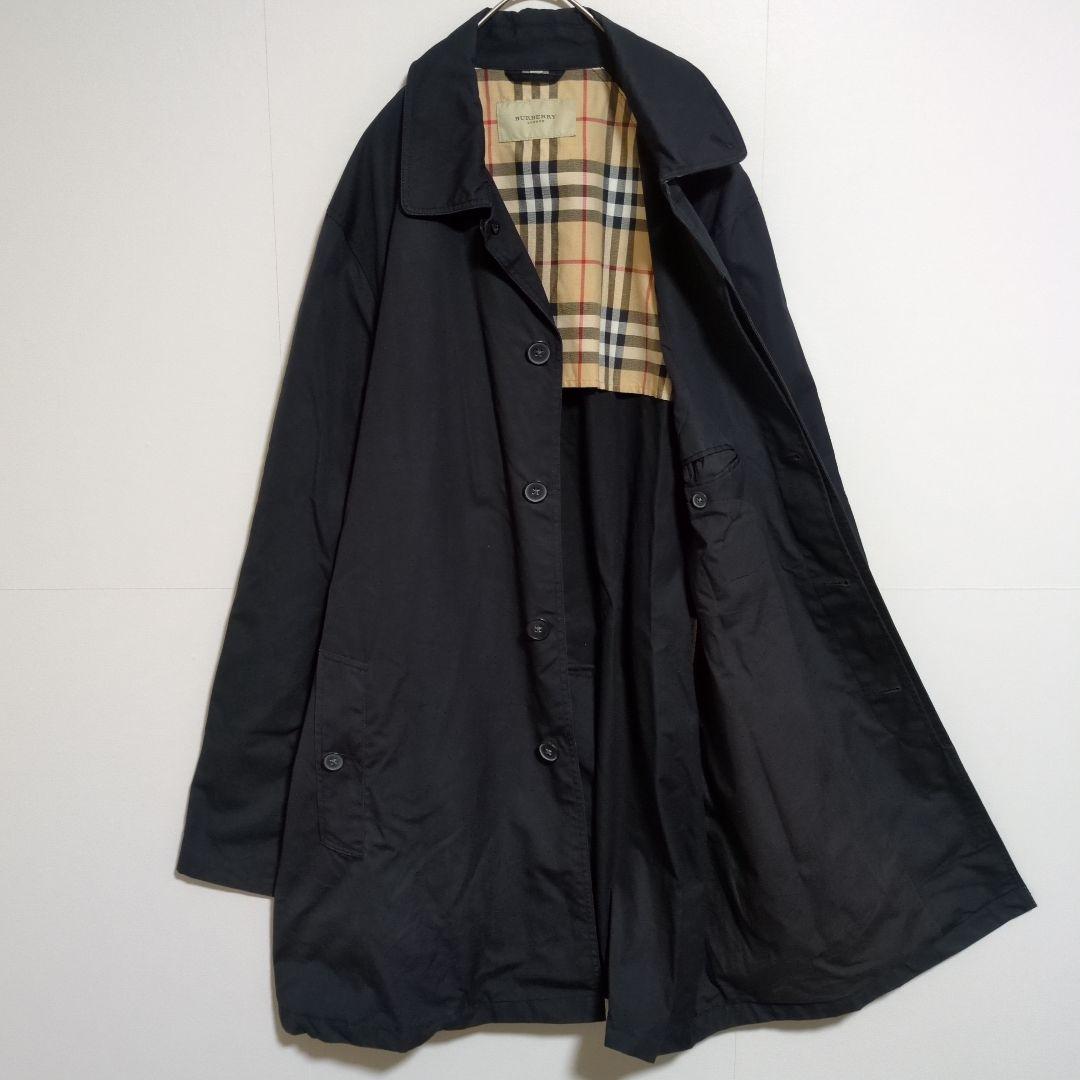 バーバリーロンドン　ステンカラーコート　黒　ノバチェック　ベルト付き　XL