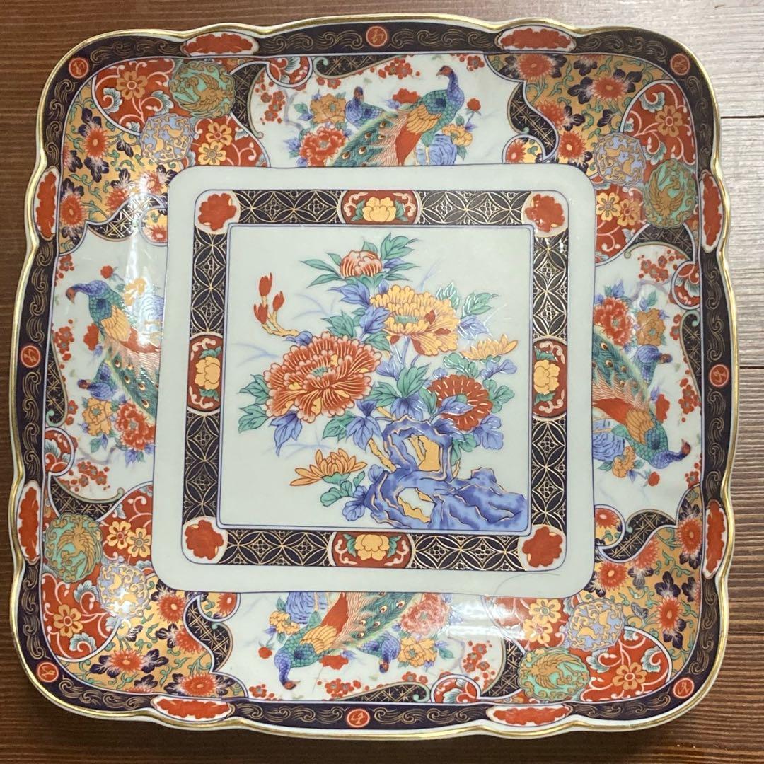 有田焼　丸五謹製　孔雀　牡丹　大皿　四角　ヴィンテージ　日本製