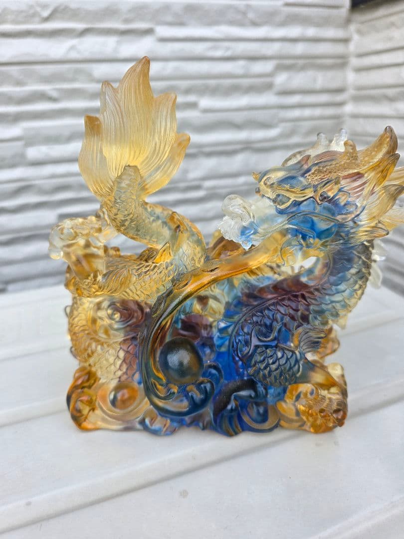 瑠璃ガラス製　龍　5本爪　置物 綺麗　開運　龍神