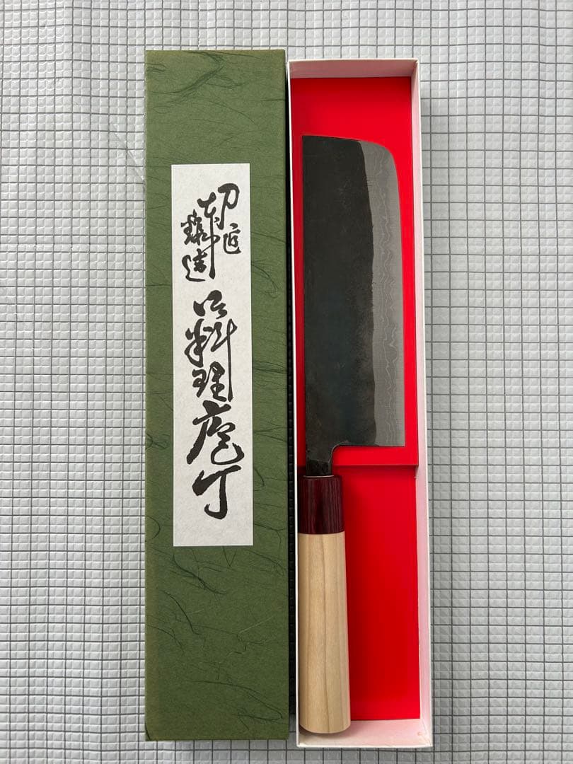 包丁 菜切包丁 菜切 ダマスカス 安来鋼青紙２号 165mm 黒打ち 朴丸柄