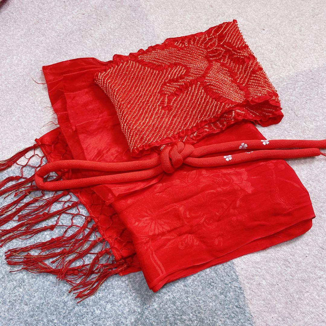 七五三 7歳 正絹 着物 帯 バッグ 草履 小物 フルセット 黒×赤