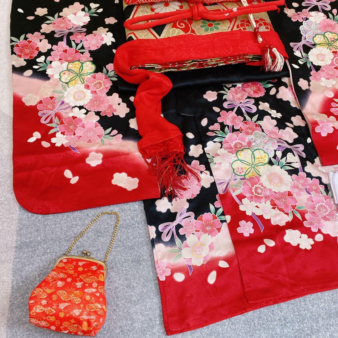 七五三 7歳 正絹 着物 帯 バッグ 草履 小物 フルセット 黒×赤