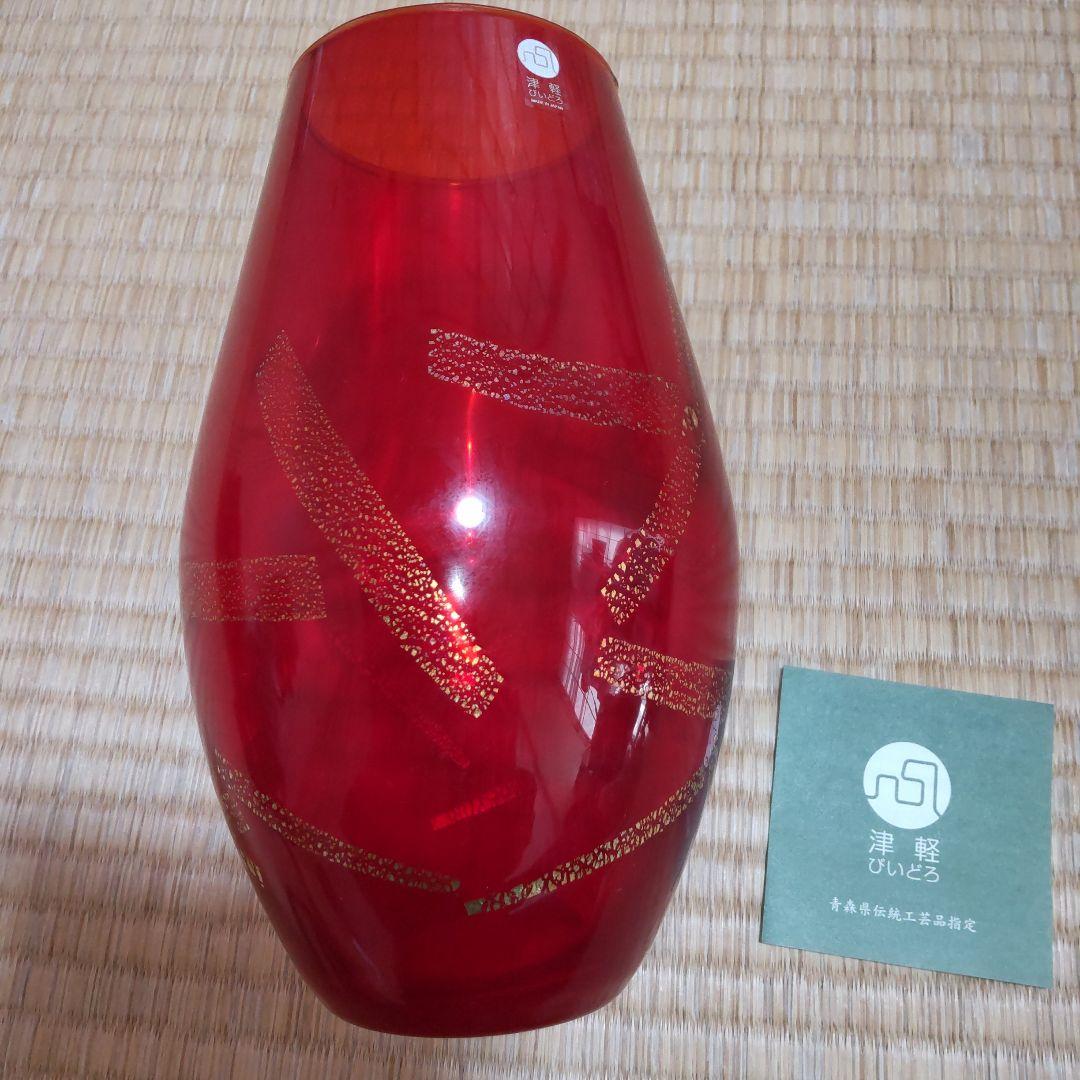 【新品・未使用】津軽びいどろ　日本製　花瓶　金色模様　短冊模様　伝統工芸品