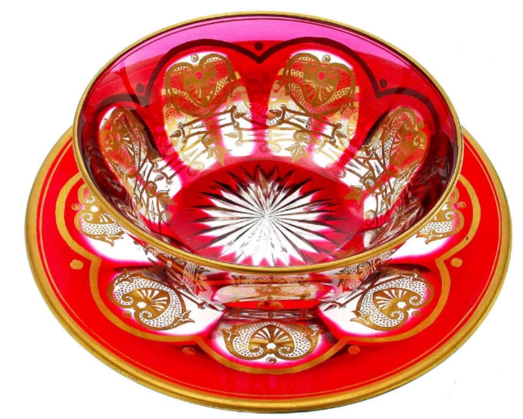 オールドバカラ　赤　金赤金彩帝政様式装飾紋　ラージボール&プレート　アンティーク