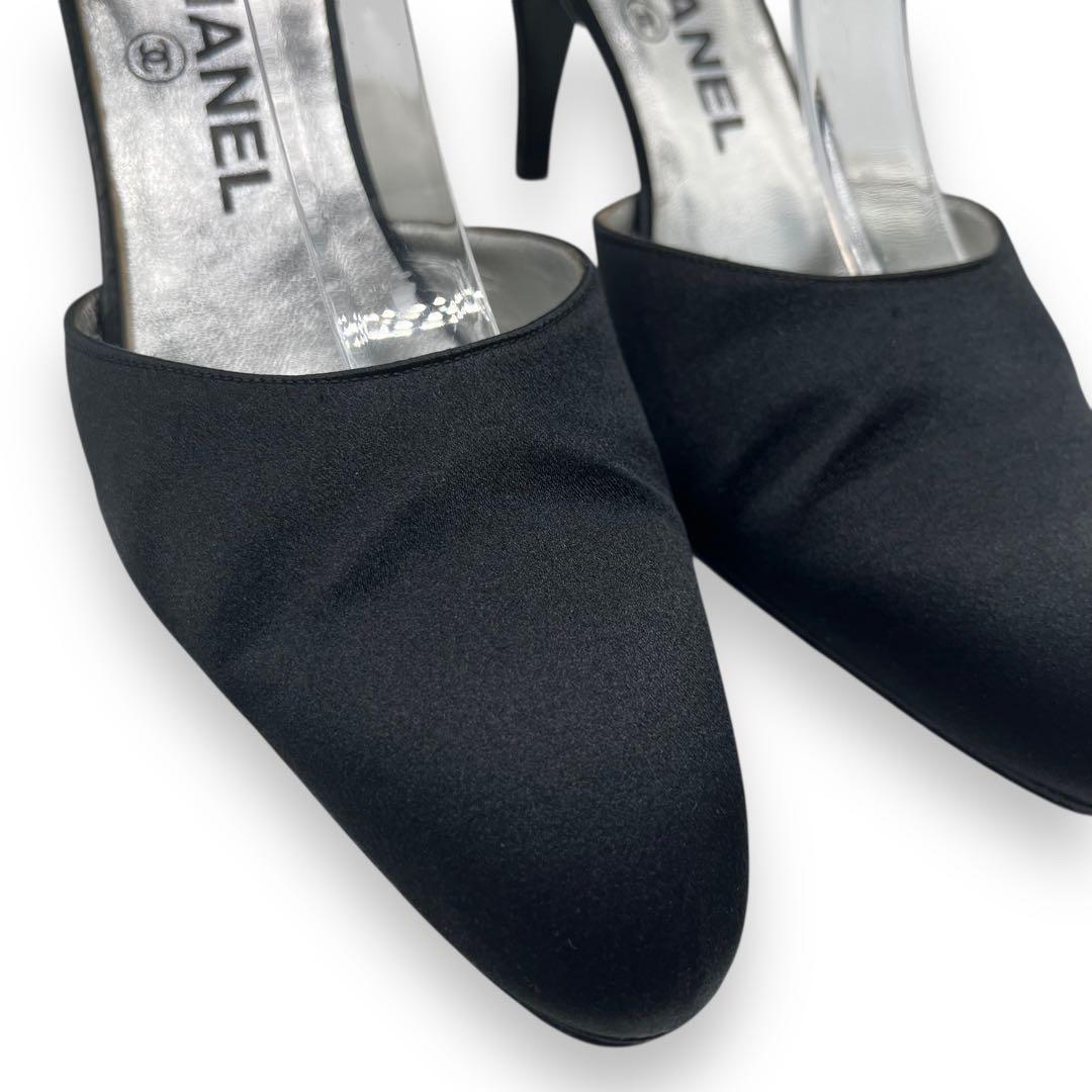 美品■シャネル　サテン地　パンプス　ブラック　ココマーク　アンクルストラップ
