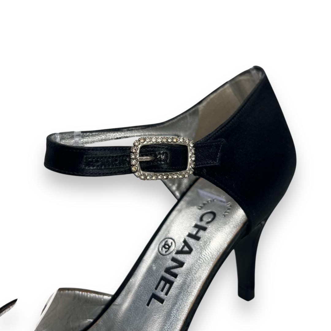 美品■シャネル　サテン地　パンプス　ブラック　ココマーク　アンクルストラップ