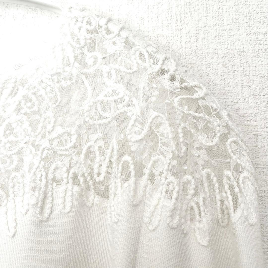 美品　ディノス　DAMA collection レース＆コード刺繍プルオーバー白