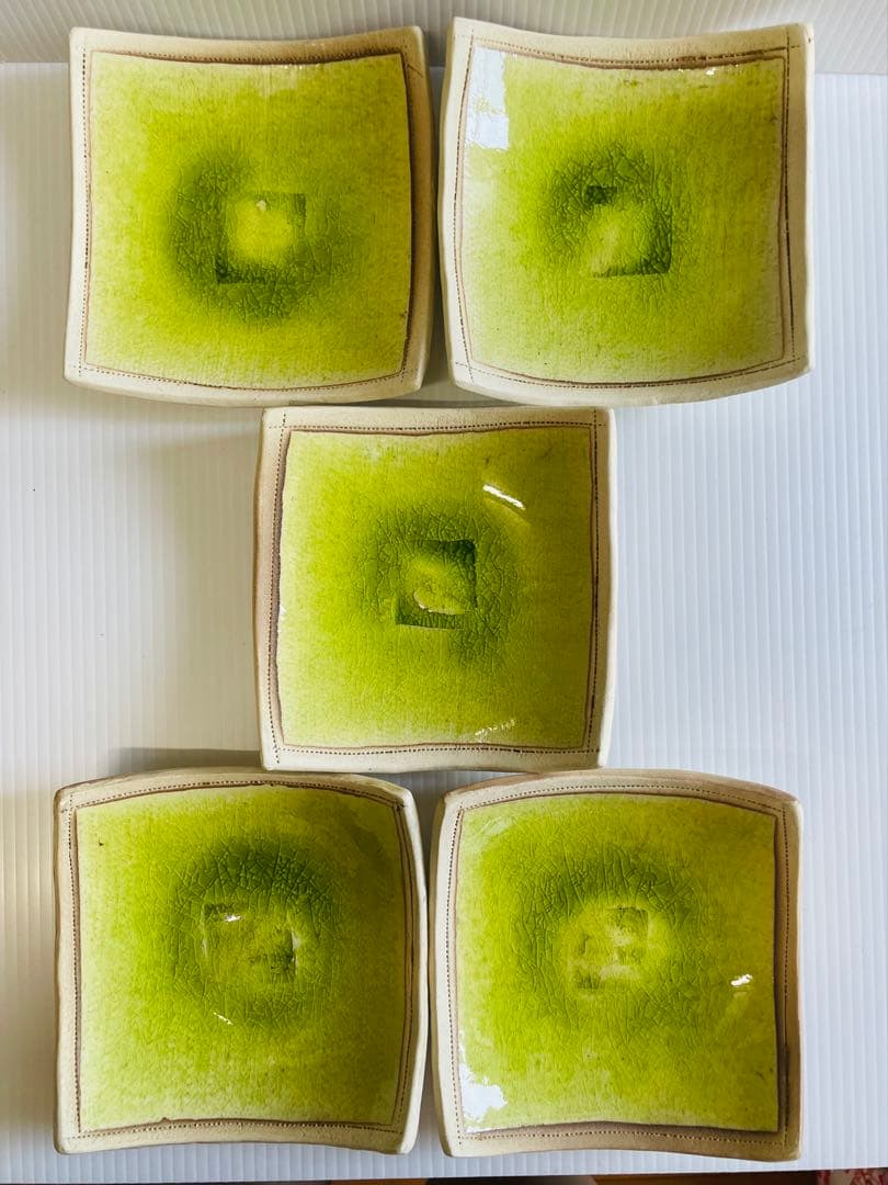未使用品・信楽焼 白道窯　黄緑釉5寸角皿5枚セット