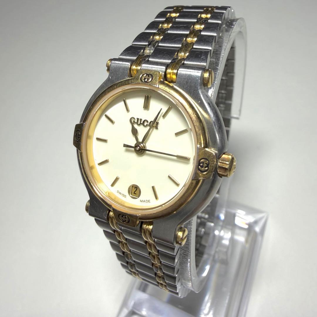 稼働品★GUCCIグッチ腕時計 アイボリー デイト QZ 9000L 2ERY