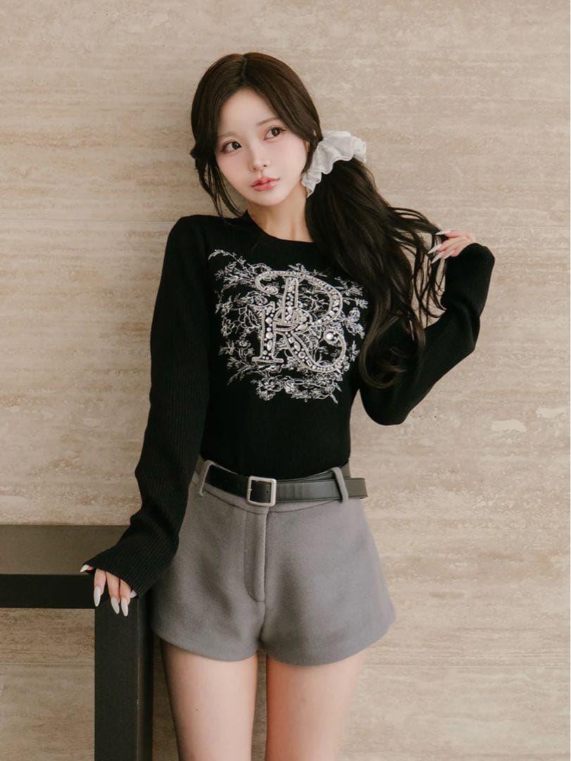 DRビジューフラワーリブニットトップス