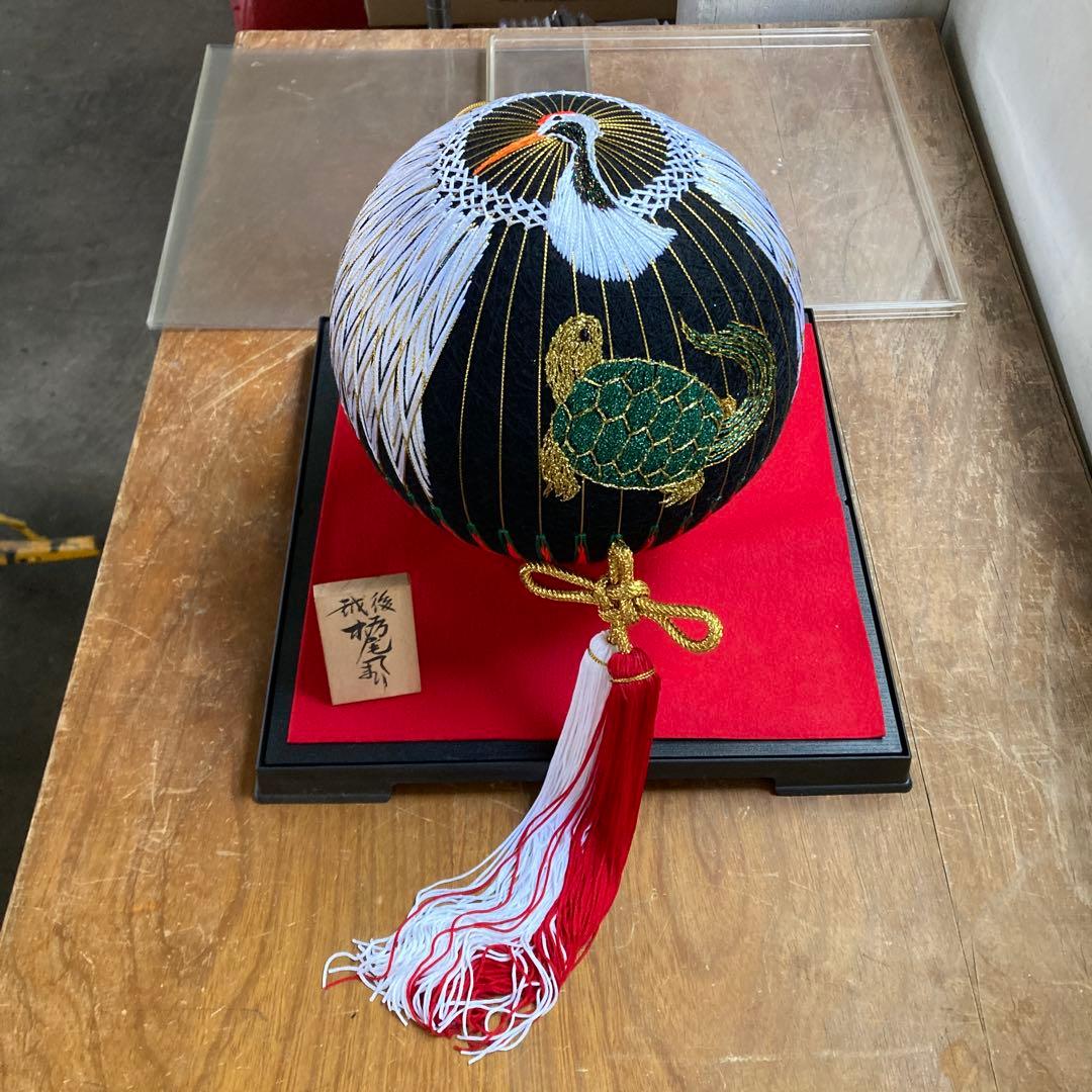 大きいサイズ 栃尾てまり 鶴亀 金銀糸 直径22cm ケース付き 手毬 手鞠