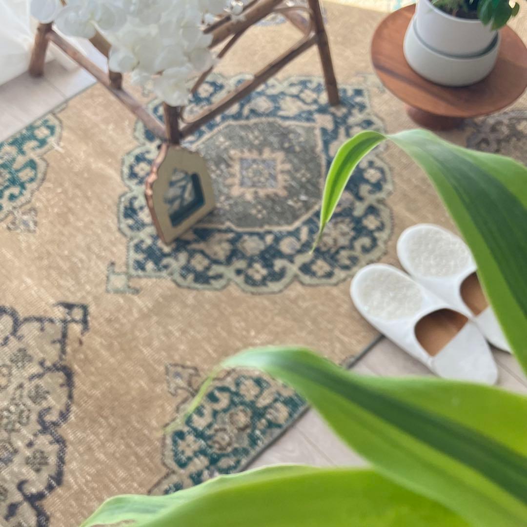 人気キャラメルベージュ68×208 ランナー　グリーン　トルコヴィンテージラグ